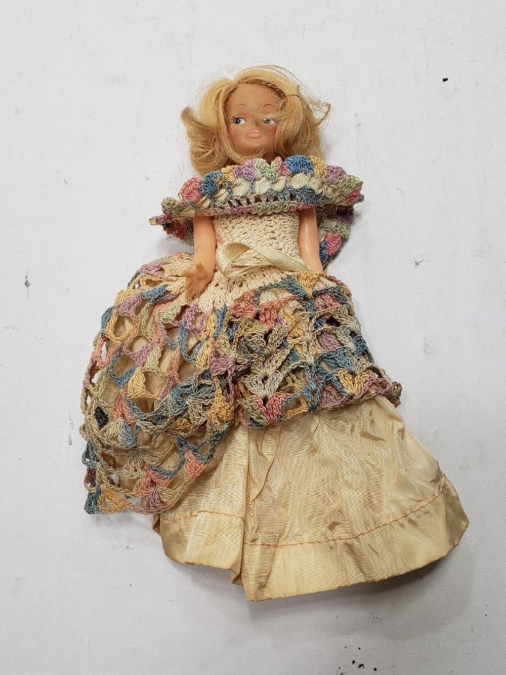 Vintage 8” Blonde Side Glancing Eye Doll Crochet Dress TLC Foot Damage